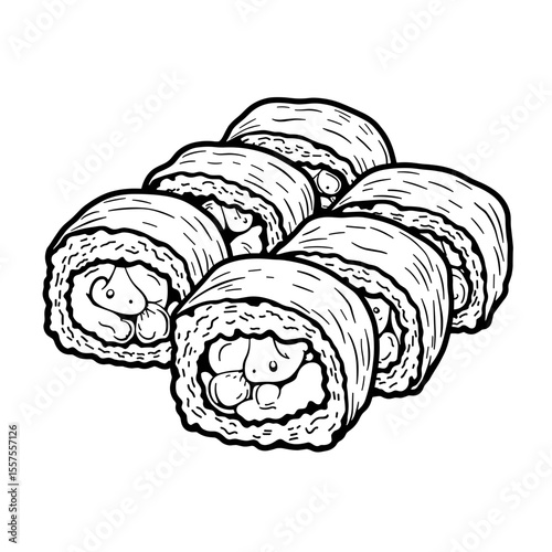 Line Art Gluten-Free Sushi Rolls with Bold Black Outlines, Japanese Cuisine Illustration