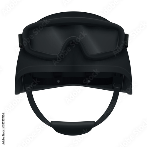 Illustration of a military helmet equipped with protective glasses, emphasizing durability and functionality. Ideal for tactical operations in various conditions.