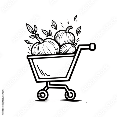Line art shopping cart with pumpkins, minimalist grocery illustration