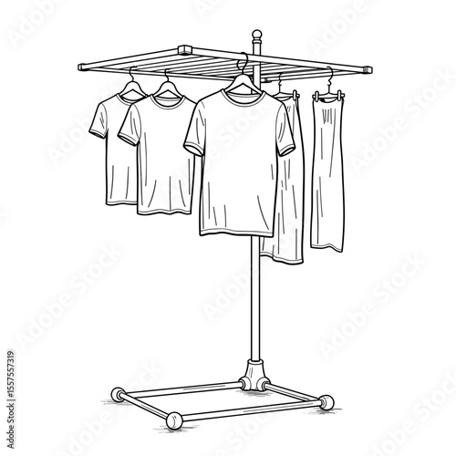 Line art clothes drying rack with hanging garments, home organization