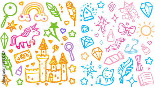 Hand-drawn doodle collage of magical fantasy, colorful chalk texture design.