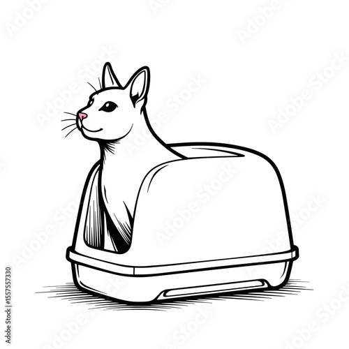 Automated litter box cleaning system line art with cat, pet care innovation