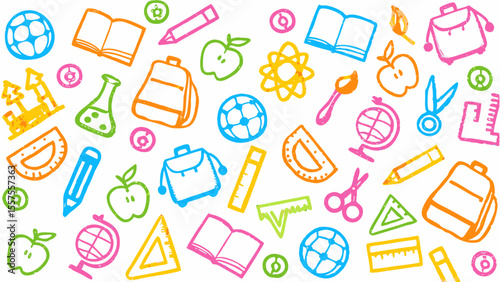 Hand-drawn doodle collage of school supplies and learning icons, colorful chalk texture design.