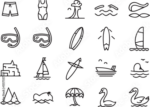Beach Icon Set: A collection of sleek, black-and-white icons featuring summer activities, sun, beach accessories, and aquatic elements, perfect for design projects.