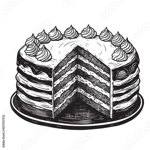 Deliciously detailed black and white vintage art silhouette illustration of a multi layered cake slice revealing its decadent interior and frosting accents