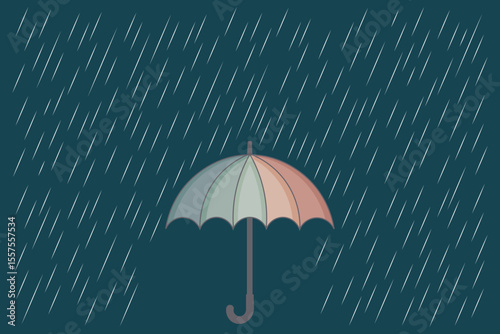 Flat vector cartoon of umbrella in gentle rain, pastel style for kids weather projects, baby room illustrations, and seasonal decor
