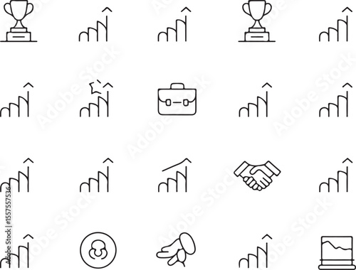 Business Growth Icon Set: A collection of line icons representing business growth, success, teamwork, and achievement.  Perfect for presentations, reports, and websites.