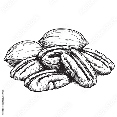 Detailed vintage art silhouette illustration depicting delicious pecan nuts and nutmeats in a realistic and botanical style