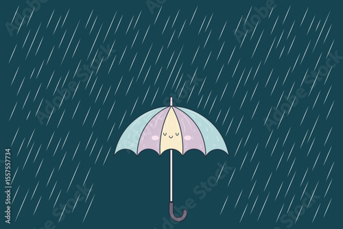 Umbrella under cartoon rain, flat pastel vector illustration for baby educational designs, nursery prints, and seamless weather backgrounds
