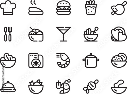 Culinary Icon Array: A collection of black and white illustrations showcasing various culinary elements, representing food, cooking, and the restaurant industry. 