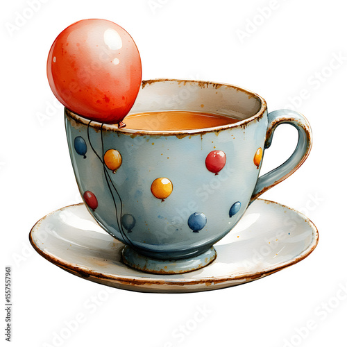 A ceramic teacup with a balloon painting, isolated on a white background