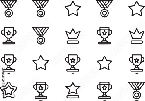 Victory Symbols Collection: A minimalist array of illustrated badges and trophies, each a testament to accomplishment. This image represents the essence of winning and achievement through clean.