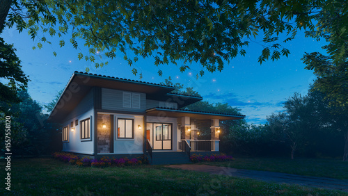 A 3d-rendered modern single-story house illuminated at twilight with warm interior lighting, surrounded by lush tropical vegetation and colorful flowers under a starry blue evening sky