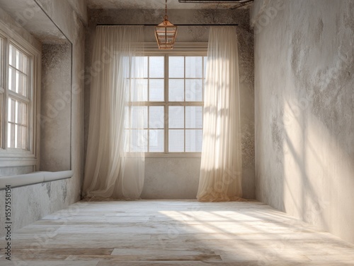 A room with a window and a lamp. The lamp is hanging from the ceiling. The room is empty and has white curtains