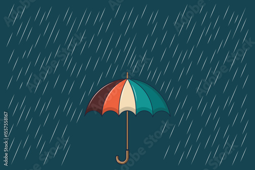 Illustration of cartoon umbrella and falling raindrops, flat vector in pastel palette for children’s design, baby products, and rainy day scenes
