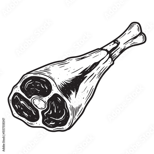 Detailed vintage art silhouette of a roasted meat leg cut with bone isolated on white background