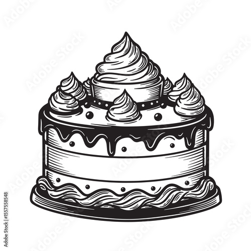Elegant layered celebratory cake illustration featuring rich cream frosting and a vintage art silhouette design for special occasions.