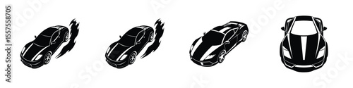 Dynamic aerial study of a bold sports car drifting around a corner Silhouette on White Background