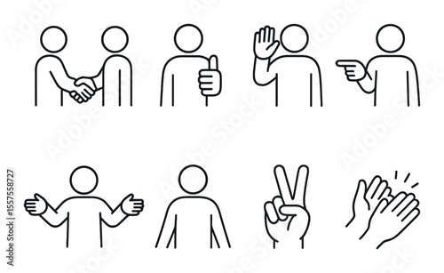 Iconic gesture line icons set – outline, hand signs and communication symbols