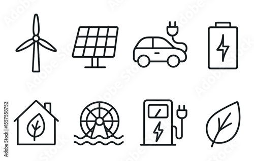 Renewable energy line icons set – clean power and eco-friendly symbols