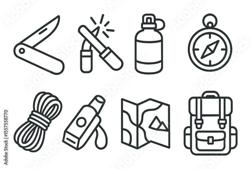 Survival gear icons set – outline, emergency equipment and outdoor essentials