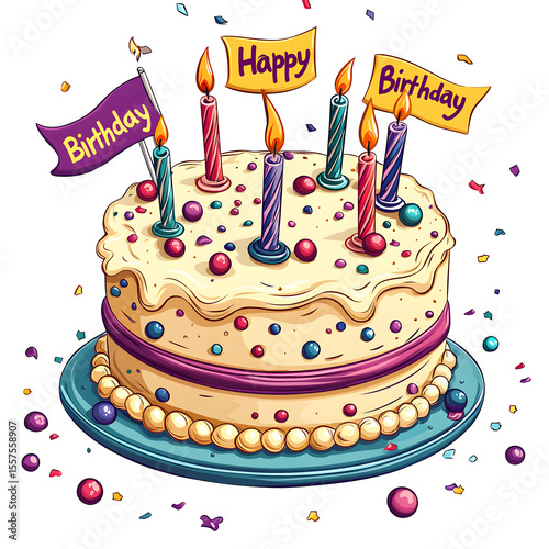 A cheerful cartoon birthday cake with polka dots, swirly candles, and a 