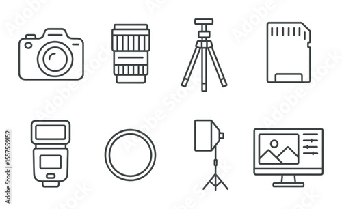 Photography gear icons set – outline, camera equipment and accessories symbols