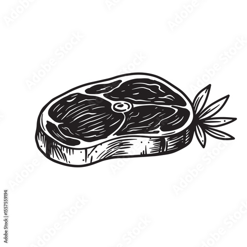 Hand drawn vintage art silhouette of a delicious steak with rosemary sprig in simple black and white isolated on white background