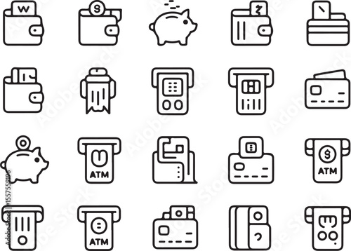 Finance Icons Set: A comprehensive collection of 20 minimalist line icons representing various financial transactions, methods, and tools. Perfect for websites, apps, and presentations.