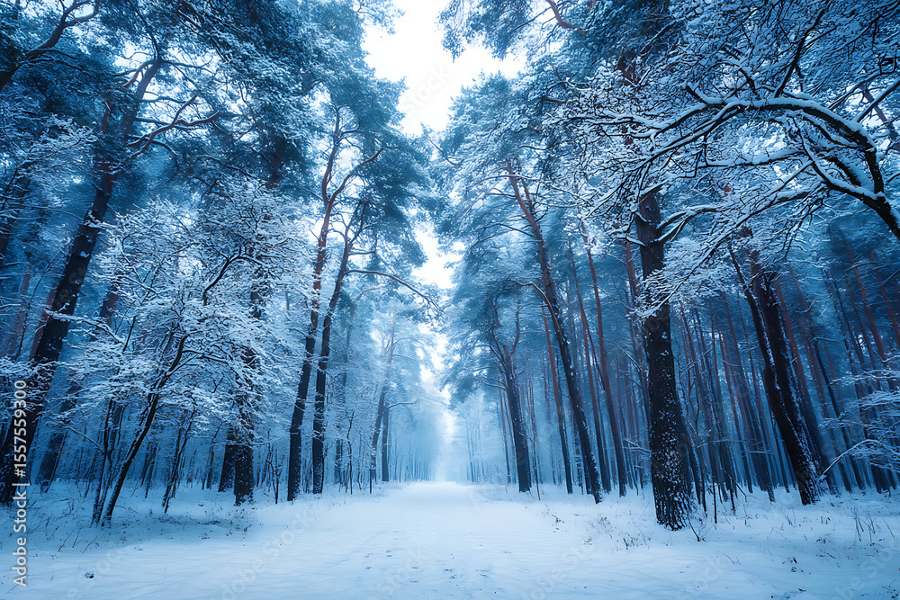 Naklejka premium Snowy path through a serene winter forest landscape