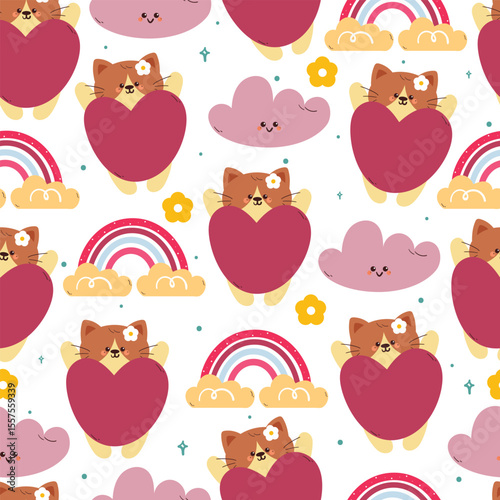 cute hand drawing cartoon cat with purple balloon and sky element seamless pattern. cute animal pattern in white background for gift wrap paper and wallpaper