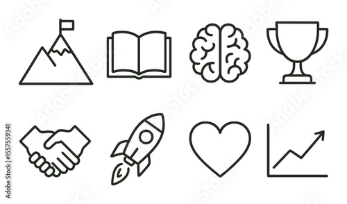 Personal growth icons set – outline, self-improvement and development symbols