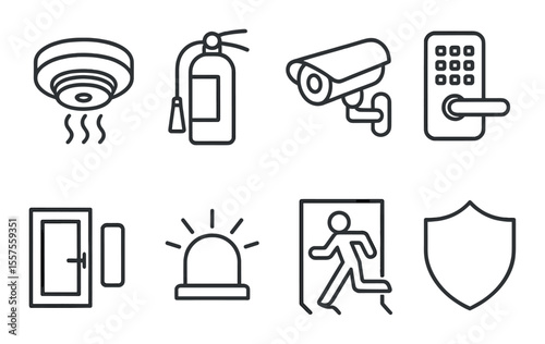 Home safety icons set – outline, protection and security symbol collection