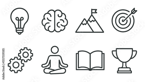Mindset and motivation icons set – linear, brain training and goal achievement symbols