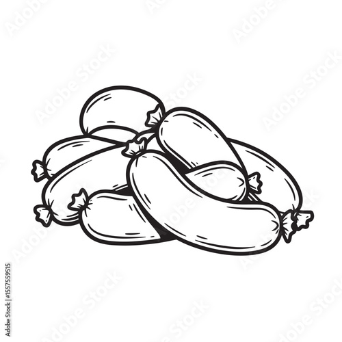Illustration of stacked sausages a detailed black and white vintage art silhouette depicting several sausages ready to grill