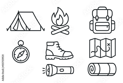 Camping essentials icons set – outline, adventure and outdoor activity symbols