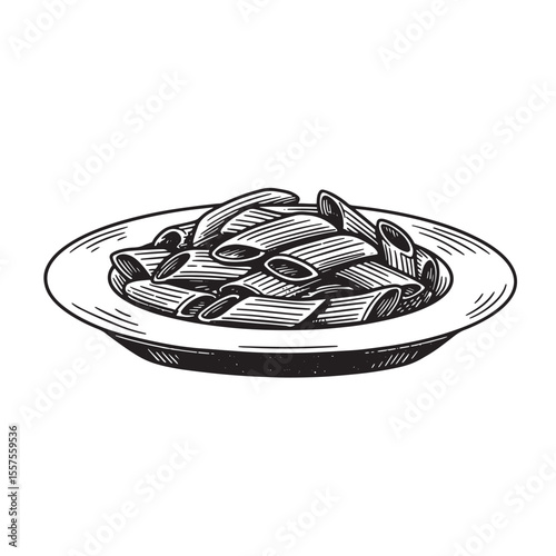 Penne pasta served on a plate vintage art silhouette in black and white suitable for culinary designs