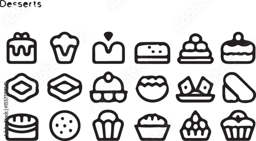 Variety of Delightful Desserts: A delightful array of desserts, beautifully presented in a line of illustrations, promising a treat for every palate.