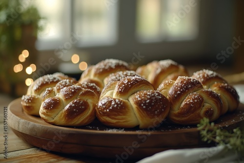 Freshly baked sugar-topped brioche rolls on wooden plate