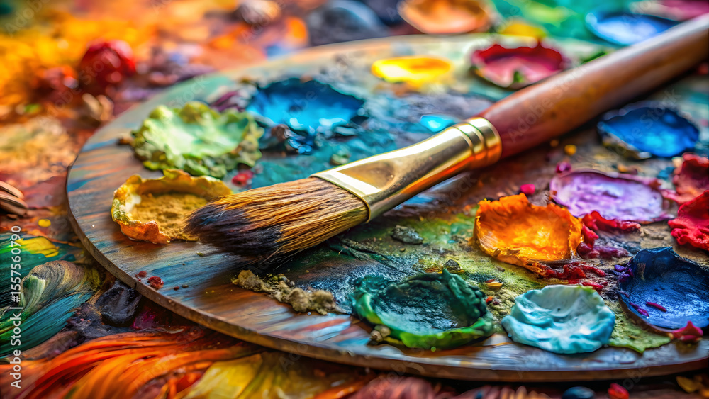 Fototapeta premium Paint brushes and palette of colors on a wooden background. Selective focus.