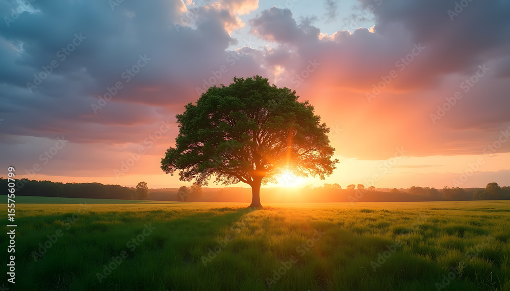 Obraz premium Stunning sunset illuminates a lone tree in a vast, green meadow, creating a peaceful scene.