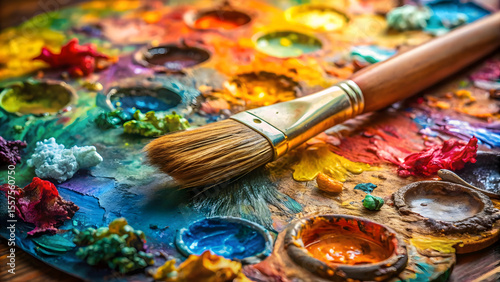 Paint brushes and palette of oil paints on a wooden background.