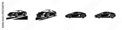Regal Low-Angle View of Luxurious Sports Car Cruising Along Highway Silhouette on White Background