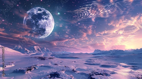 A surreal landscape with a glowing moon.