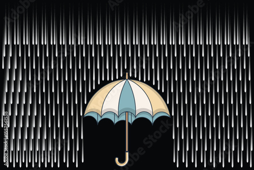 Flat vector illustration of umbrella under rain with cartoon drops, pastel color palette ideal for baby products, nursery patterns, and kids visuals
