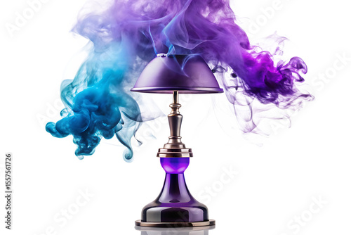 A purple lamp emits swirling blue and purple smoke against a black background blue smoke swirling smoke