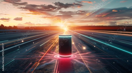 Futuristic device illuminated by sunset light.