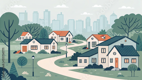 A neighborhood with houses, trees, and a winding path leading to a city skyline in the background.