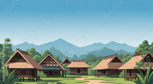 Illustration depicts a village with traditional wooden houses nestled in a lush, mountainous landscape.