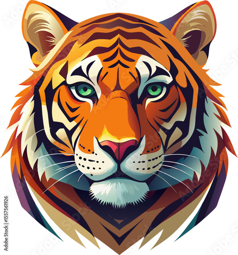 Striped tiger head vector illustration showing a wild feline predator with striking eyes and fur